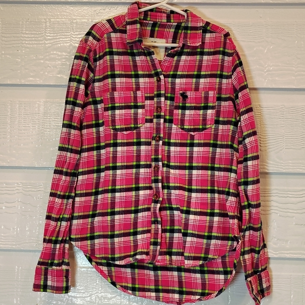 Abercrombie Kids Shirt Girls M Pink Plaid Flannel Long Sleeve Button Up Y2K
